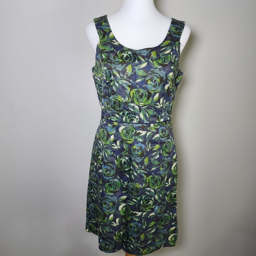 Ann Taylor LOFT Dress Womens 4 Shift Floral Roses Green Blue Wedding Cocktail